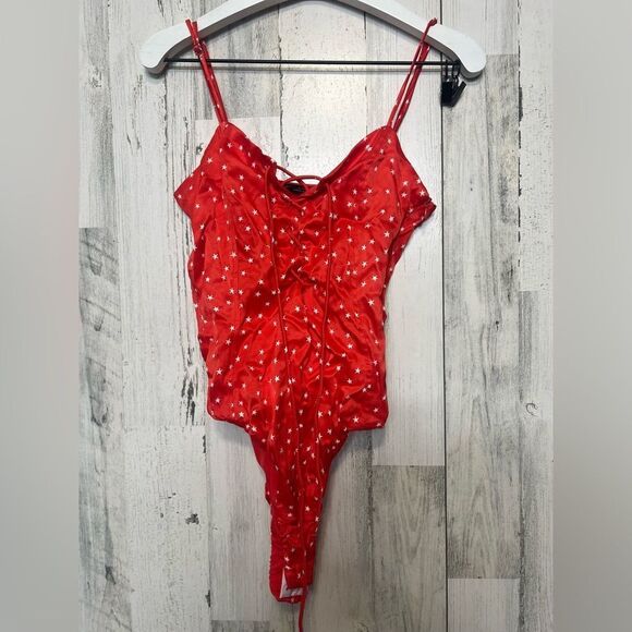Zara Red Star Print Lace-Up Bodysuit Size XS NWT - Picture 7 of 11